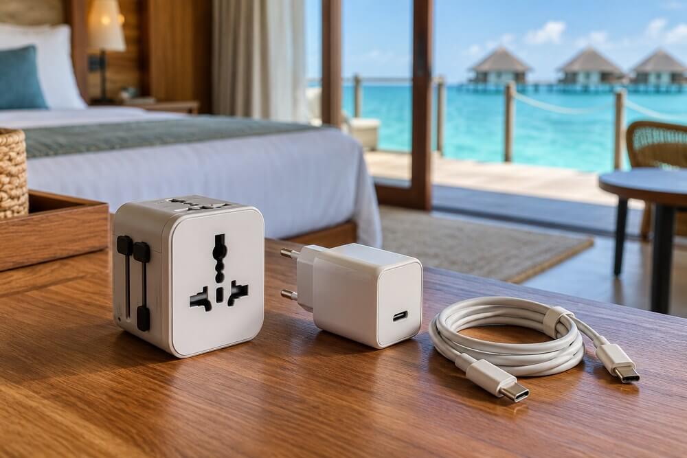 Uniwersalny adapter i ładowarka USB-C w pokoju na Malediwach