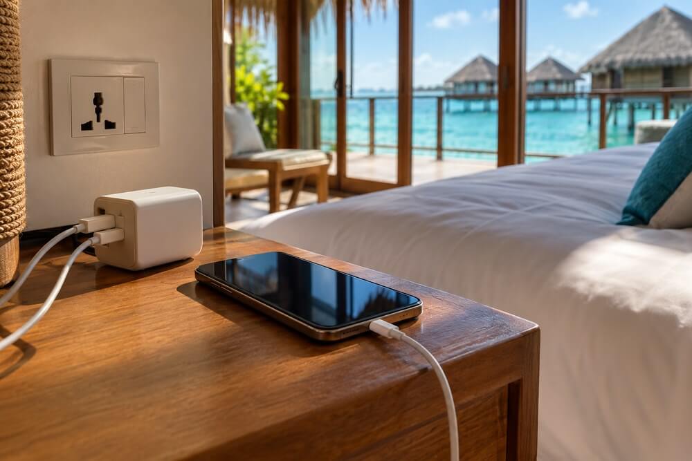 Telefon i ładowarka wieloportowa na stoliku hotelowym na Malediwach