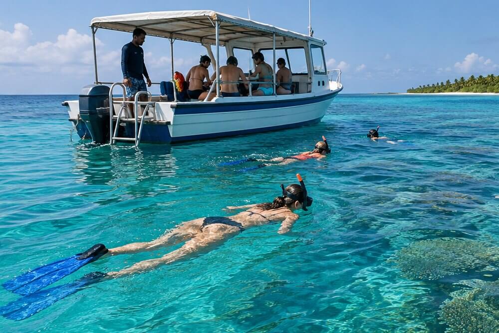 Uczestnicy snorkeling safari na łodzi i w wodzie przy rafie