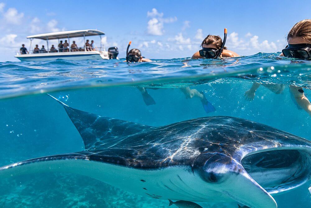 Snorkelerzy obserwują mantę przy powierzchni wody w Hanifaru Bay