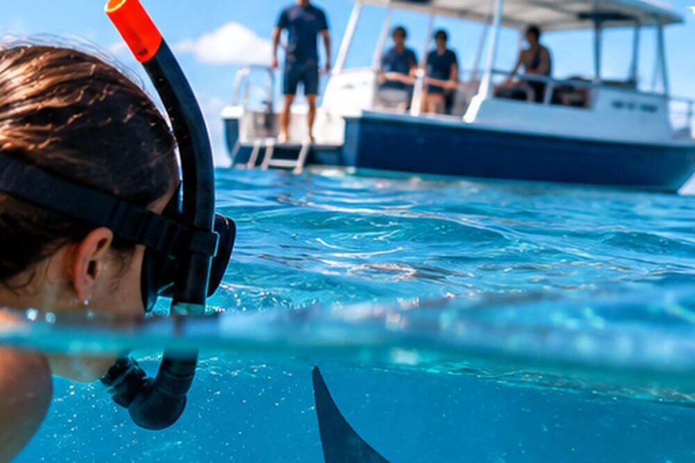 Snorkeler i łódź wycieczkowa na lekko falującym oceanie Malediwów