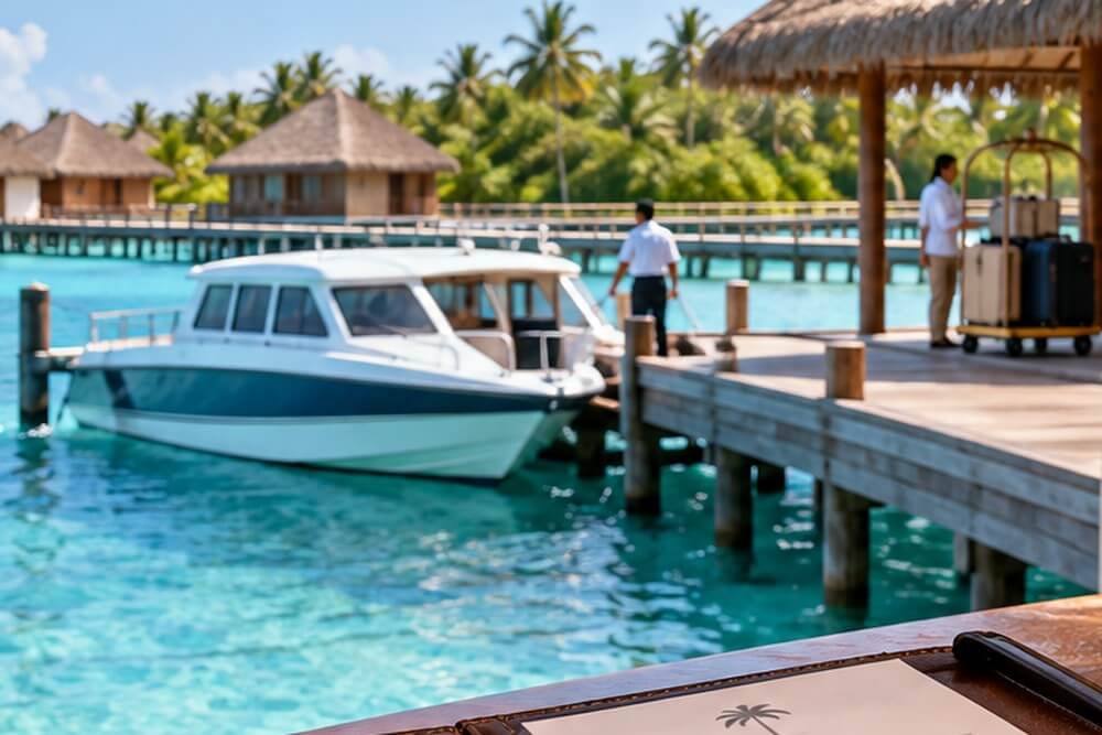Speedboat przy pomoście resortu na Malediwach po transferze z lotniska