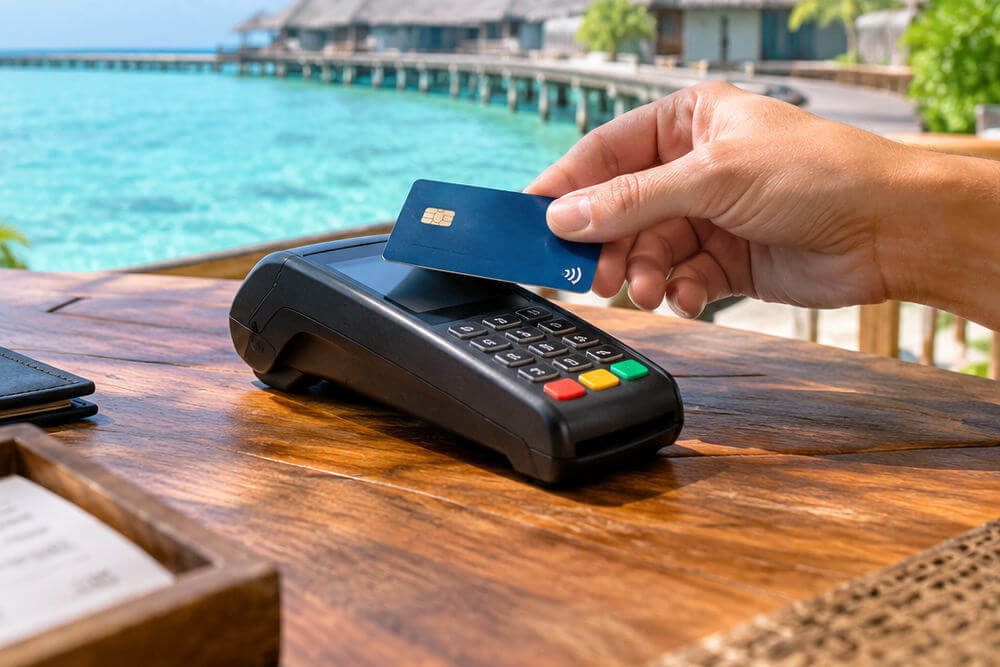 Rachunek i terminal płatniczy na stoliku restauracji w resorcie na Malediwach