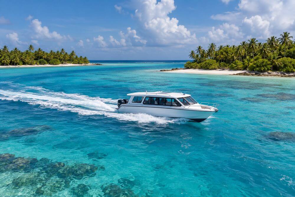 Speedboat płynący między wyspami w atolu Malé