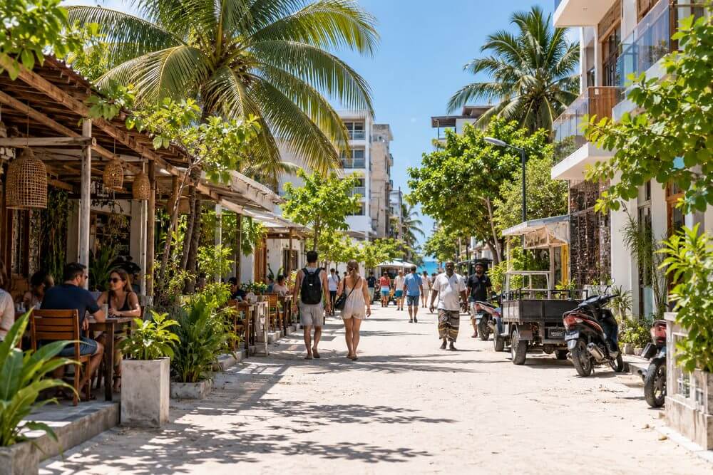 Ulica z hotelami i restauracjami na Maafushi