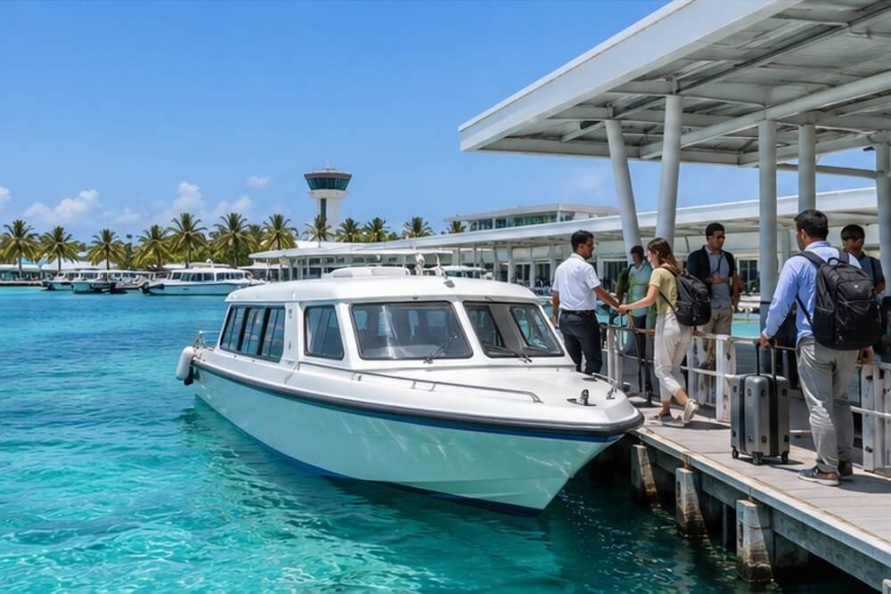Speedboat przy terminalu po przylocie na Malediwy