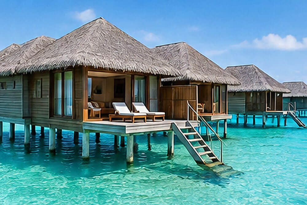 Drewniany pomost i schodki z water villa prowadzące do laguny