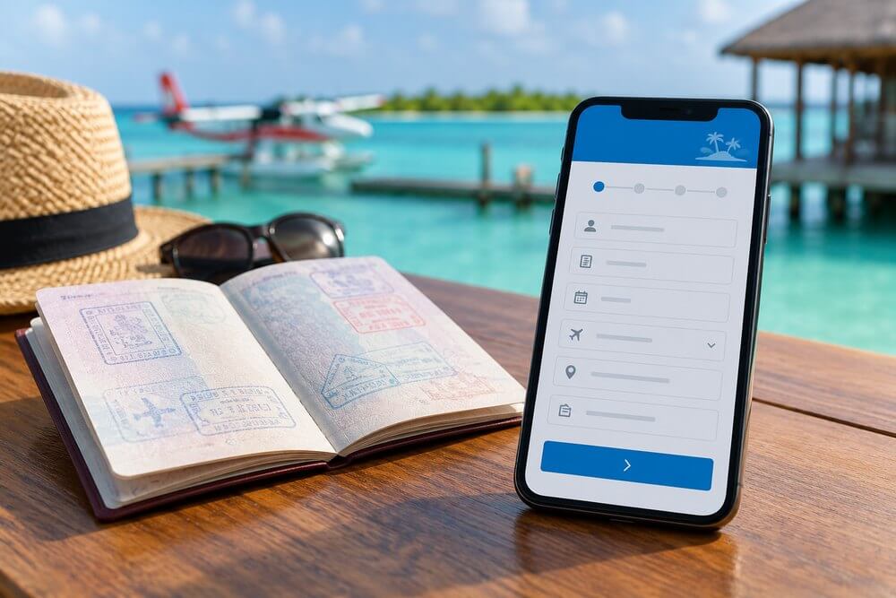Paszport i smartfon z formularzem IMUGA na Malediwy