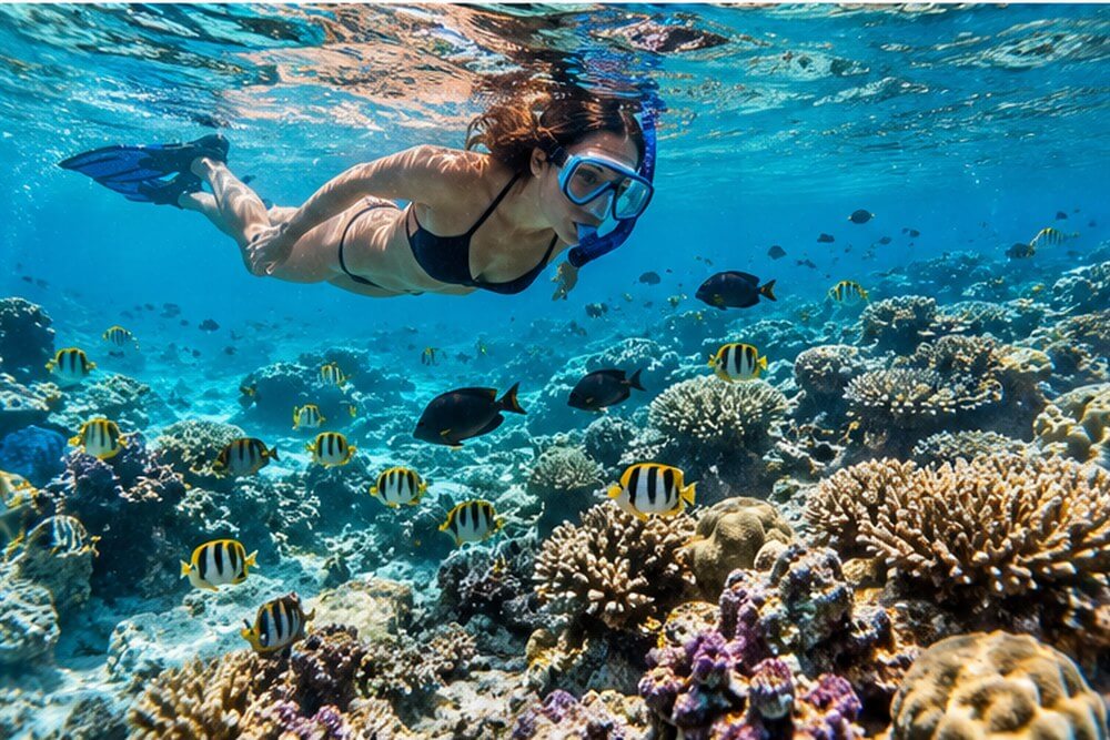 Snorkeling nad rafą koralową i ławicą ryb na Malediwach