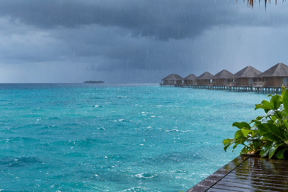 Pofalowany ocean i mokry pomost przy willach na Malediwach