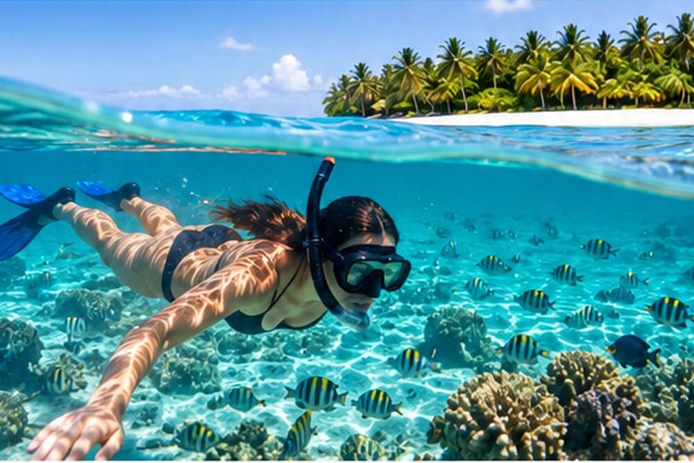 Snorkeler przy rafie i lagunie malediwskiej wyspy