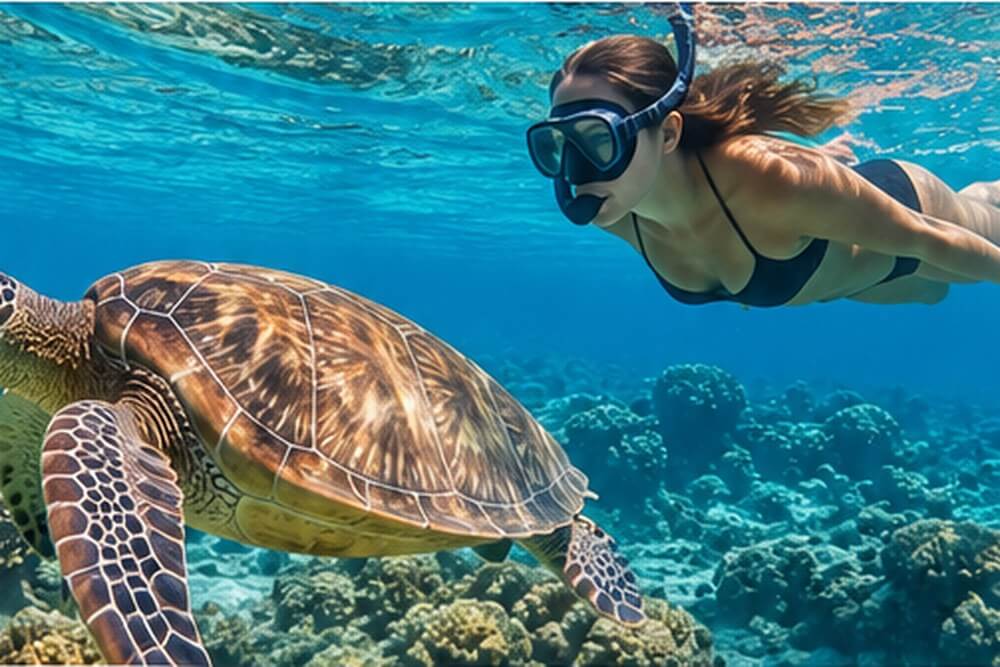 Snorkeler obserwujący żółwia nad rafą na Malediwach