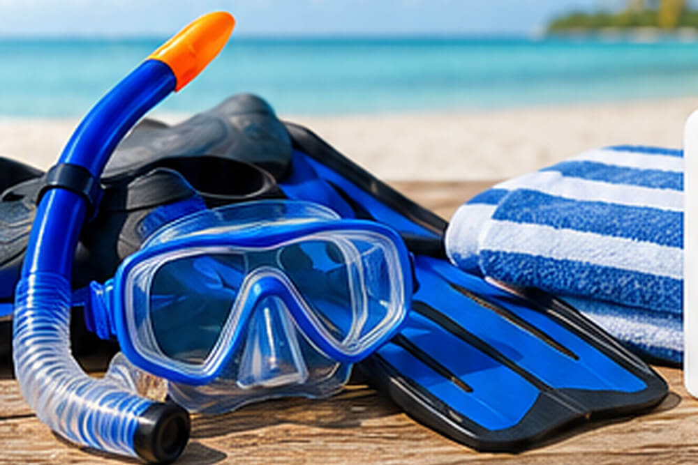 Maska, fajka i płetwy do snorkelingu przygotowane przy plaży