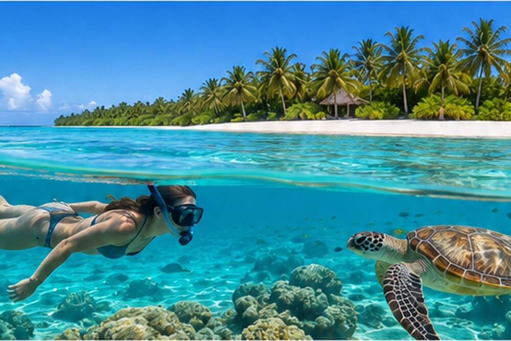 Snorkeler i żółw morski nad rafą na Malediwach